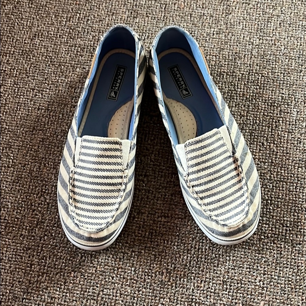 Sperry Blue and White Striped Flats